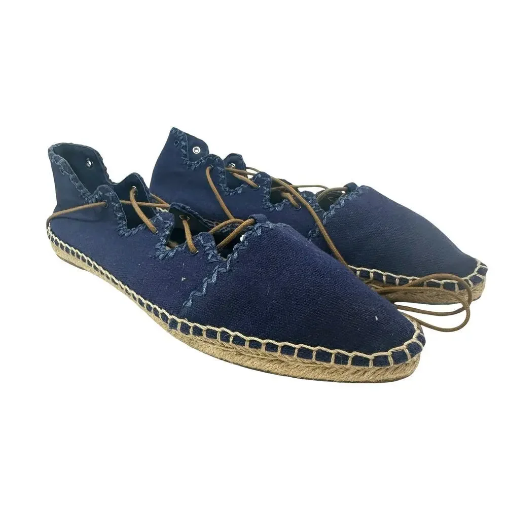 Tory Burch Sonoma Gillie Espadrille Navy Blue Canvas Lace Up Flats Size US 7